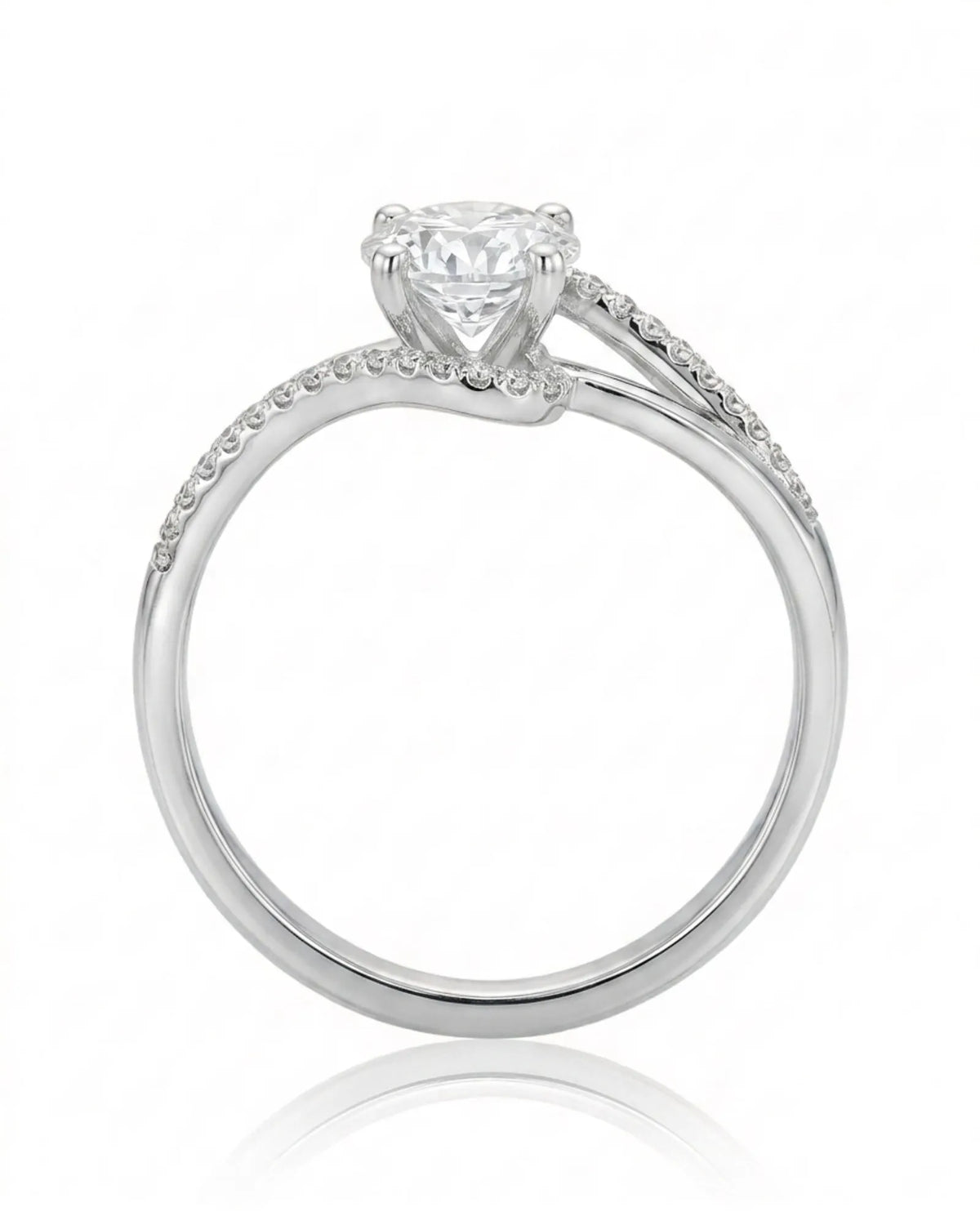 NERA 1 carat round natural diamond bypass split-shank engagement ring in 18K white gold, side profile showing four-prong crown | SARATTI