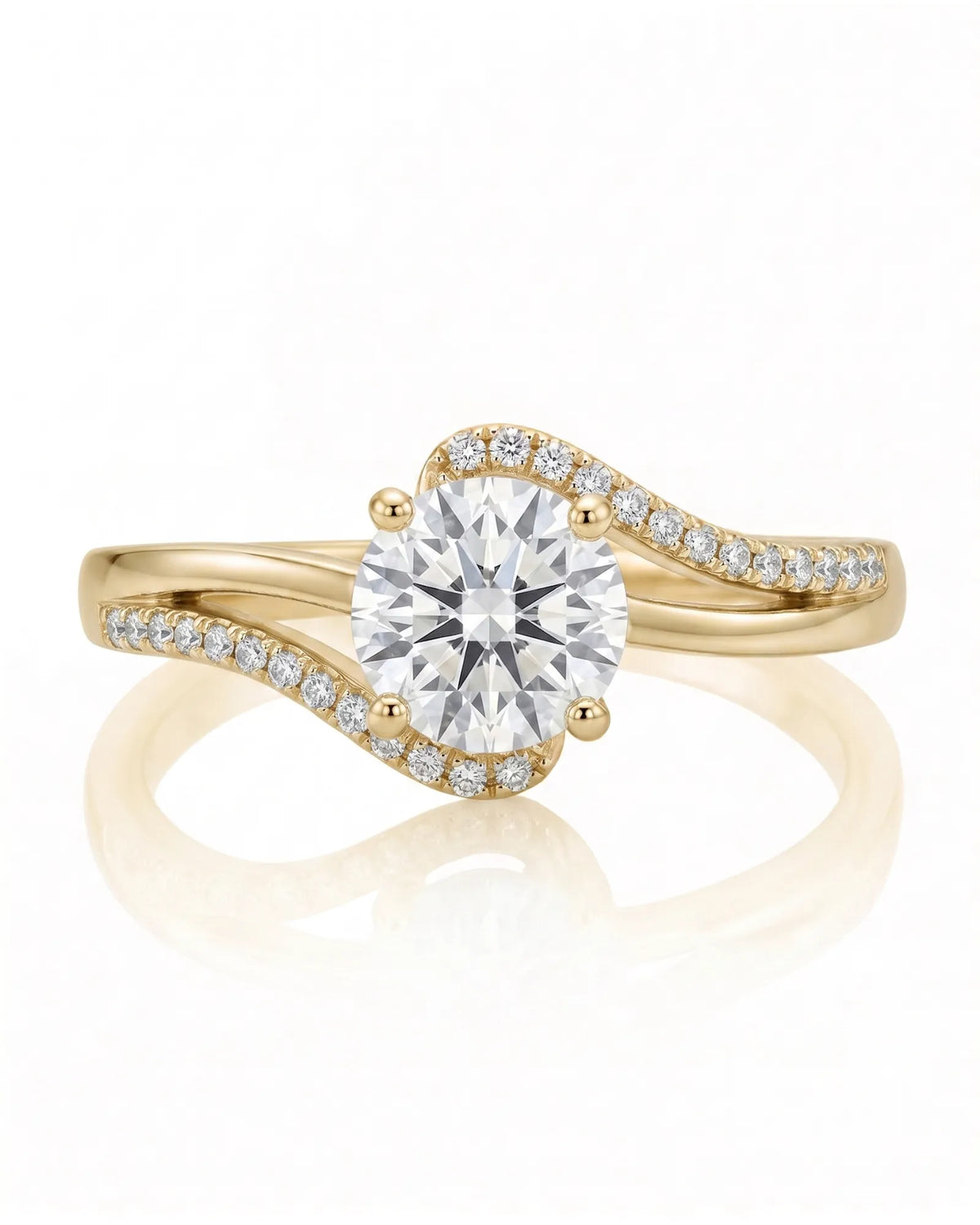 NERA 1 carat round natural diamond bypass split-shank engagement ring in 18K yellow gold, front view of flowing pavé shoulders | SARATTI