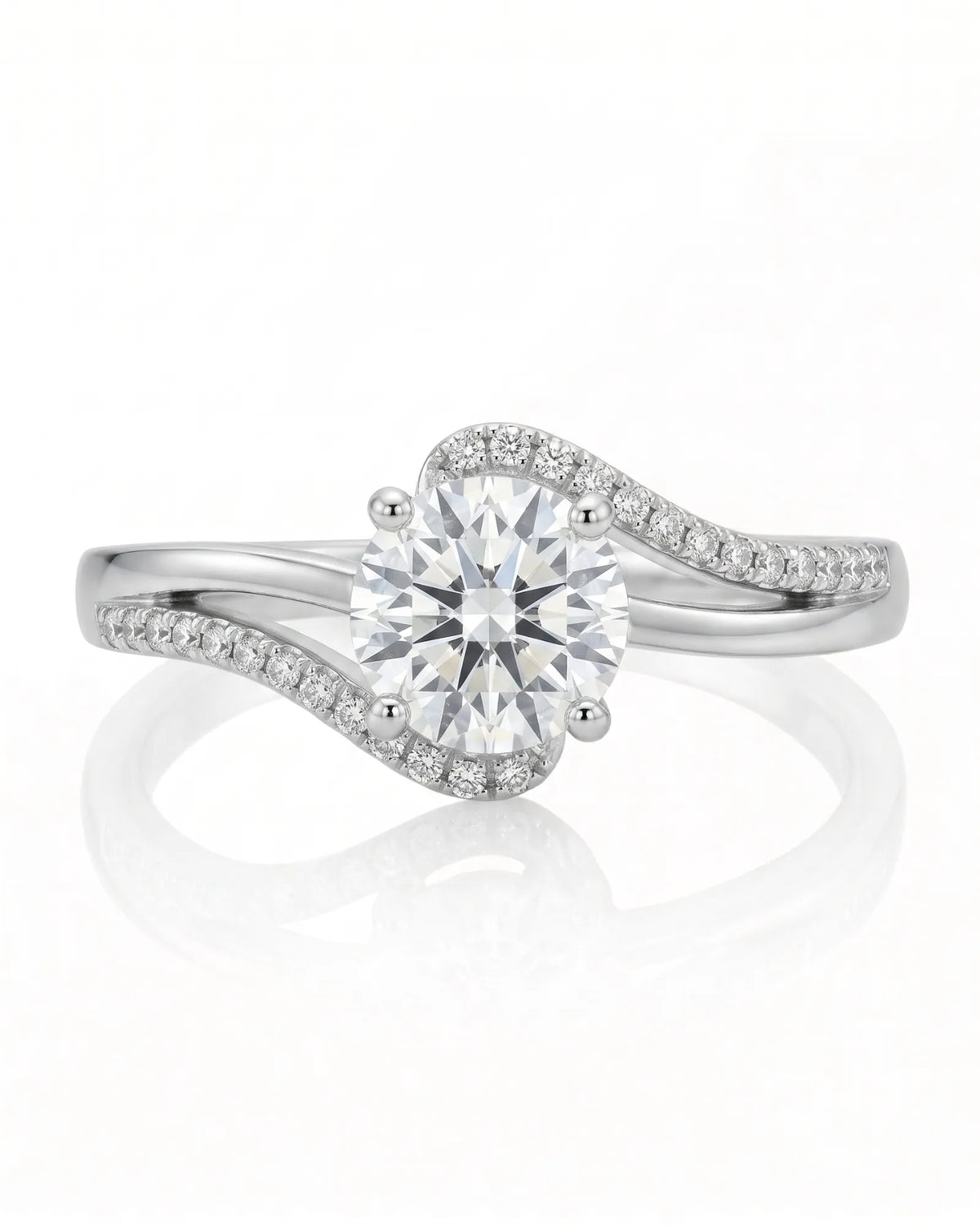 NERA 1 carat round natural diamond bypass split-shank engagement ring in platinum, front view of flowing pavé shoulders | SARATTI