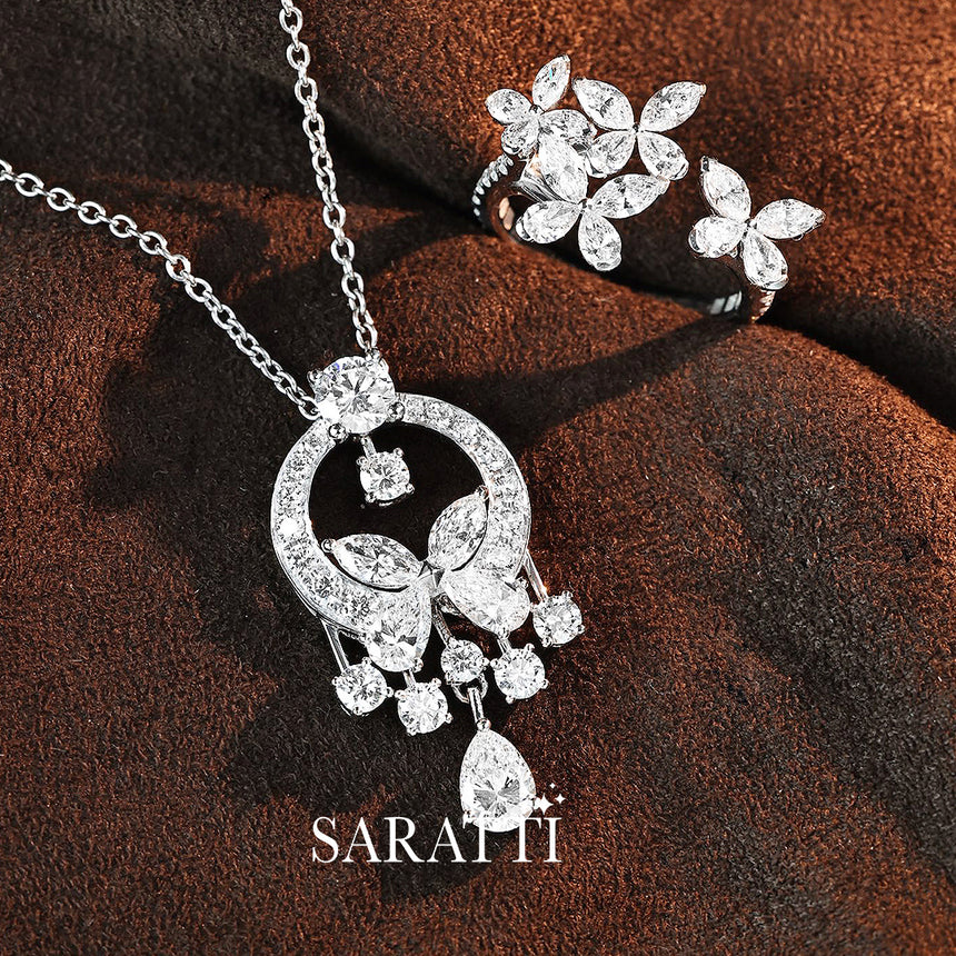 Floating diamond halo necklace on platinum chain | SARATTI