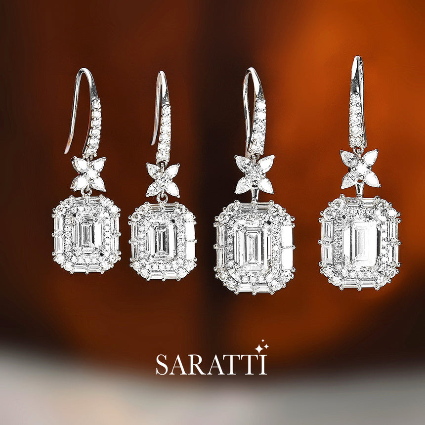 Emerald-cut diamond halo hoop earrings platinum | SARATTI
