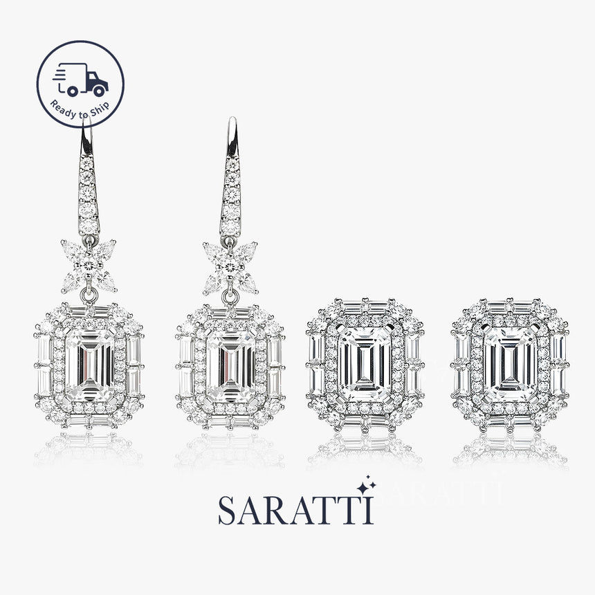 Minimalist 4-prong emerald diamond studs platinum | SARATTI