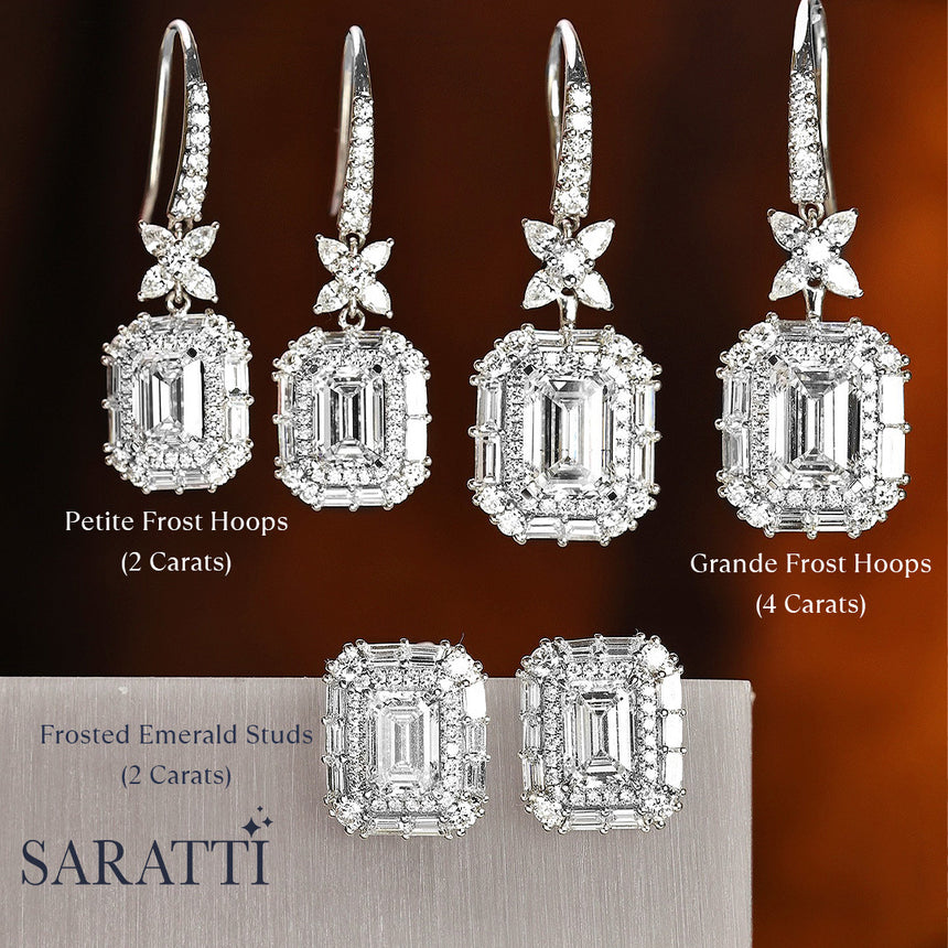 Geometric step-cut diamond earrings close-up | SARATTI