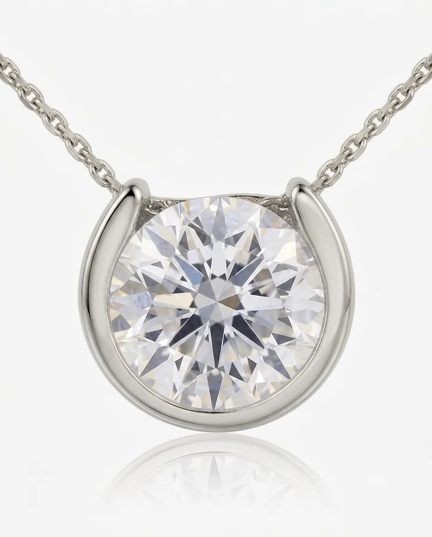 Platinum petite bezel diamond necklace, close-up front view | SARATTI