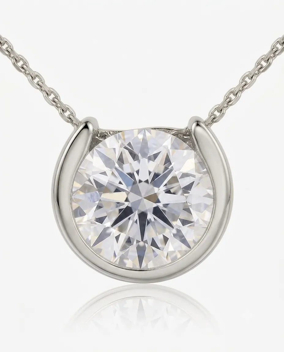 Platinum petite bezel diamond necklace, close-up front view | SARATTI