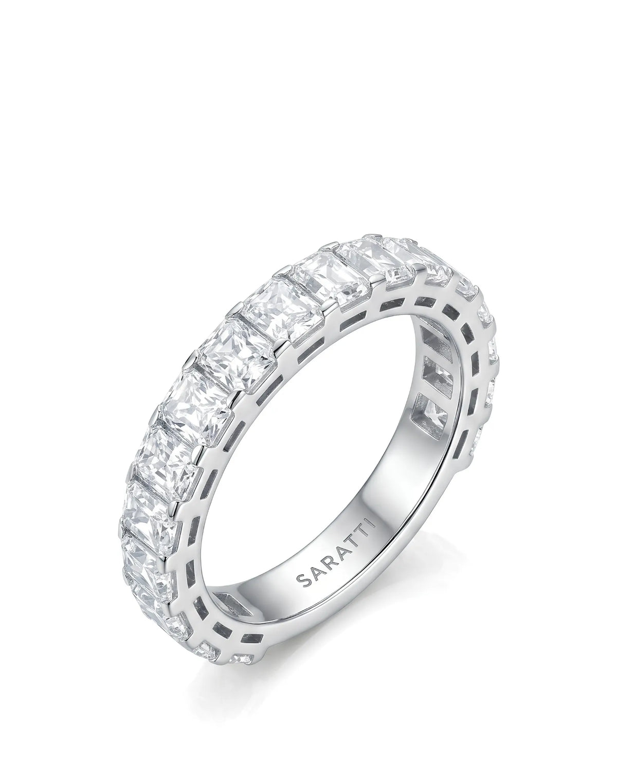 Radiant cut diamond eternity band in platinum, studio view 1 | SARATTI