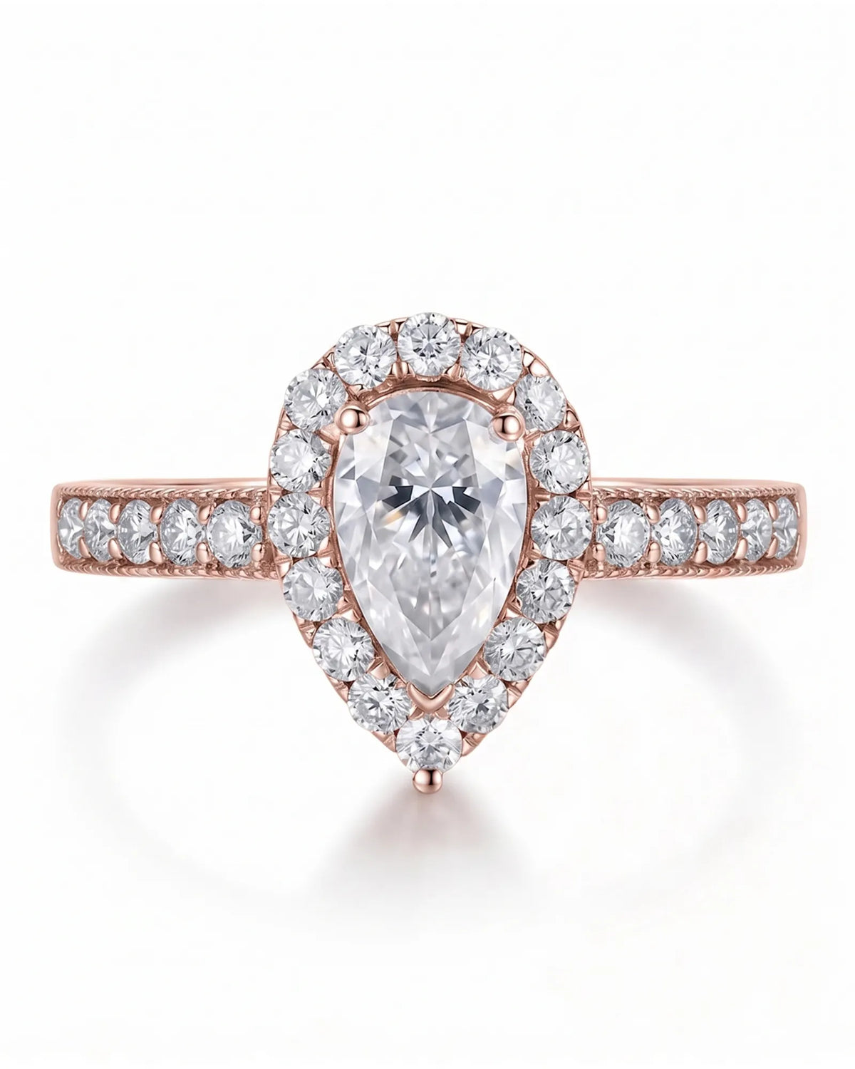 ROSE 1 carat F-colour pear natural diamond halo ring in 18K rose gold, front view of pear halo and pavé band | SARATTI