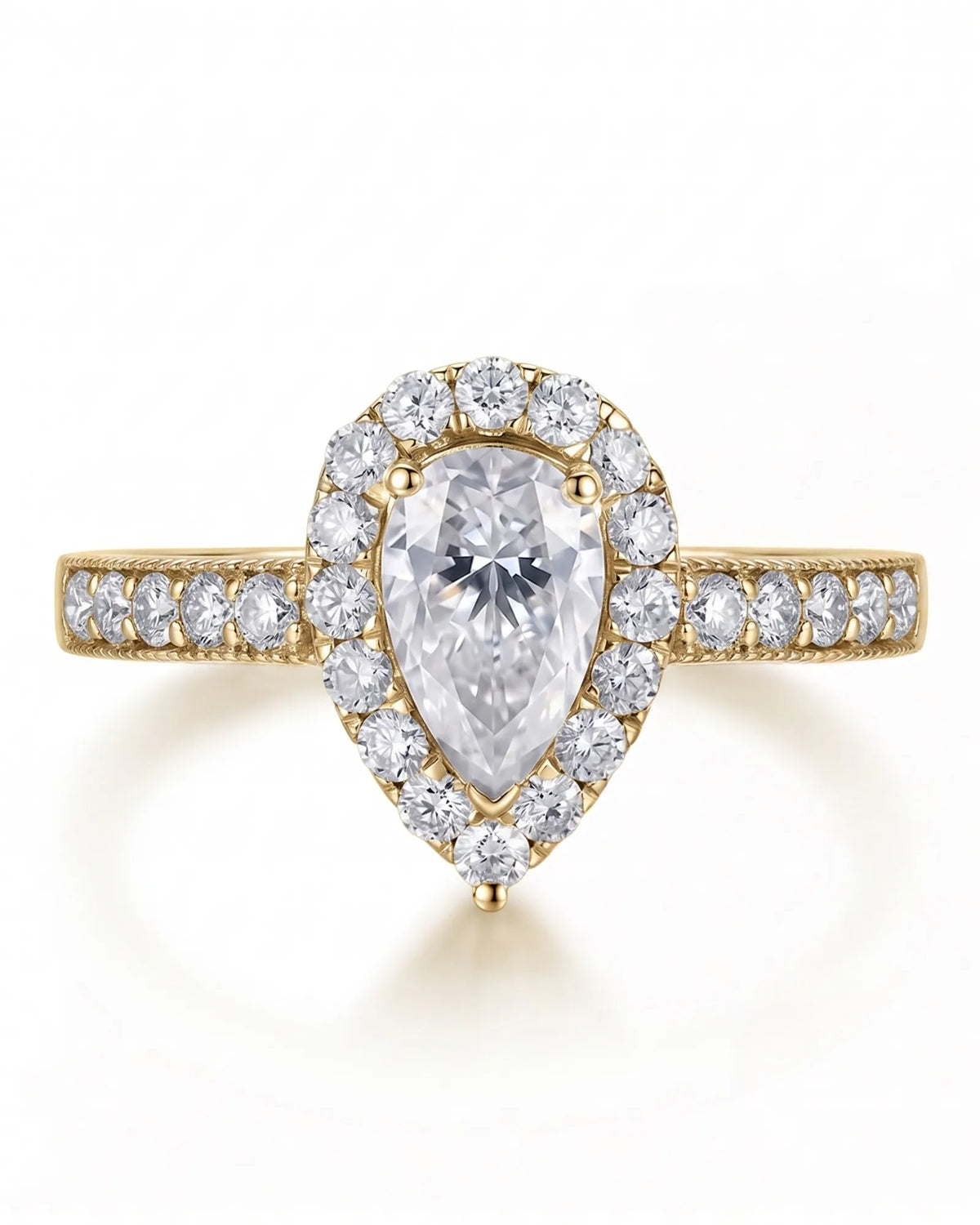 ROSE 1 carat F-colour pear natural diamond halo ring in 18K yellow gold, front view of pear halo and pavé band | SARATTI