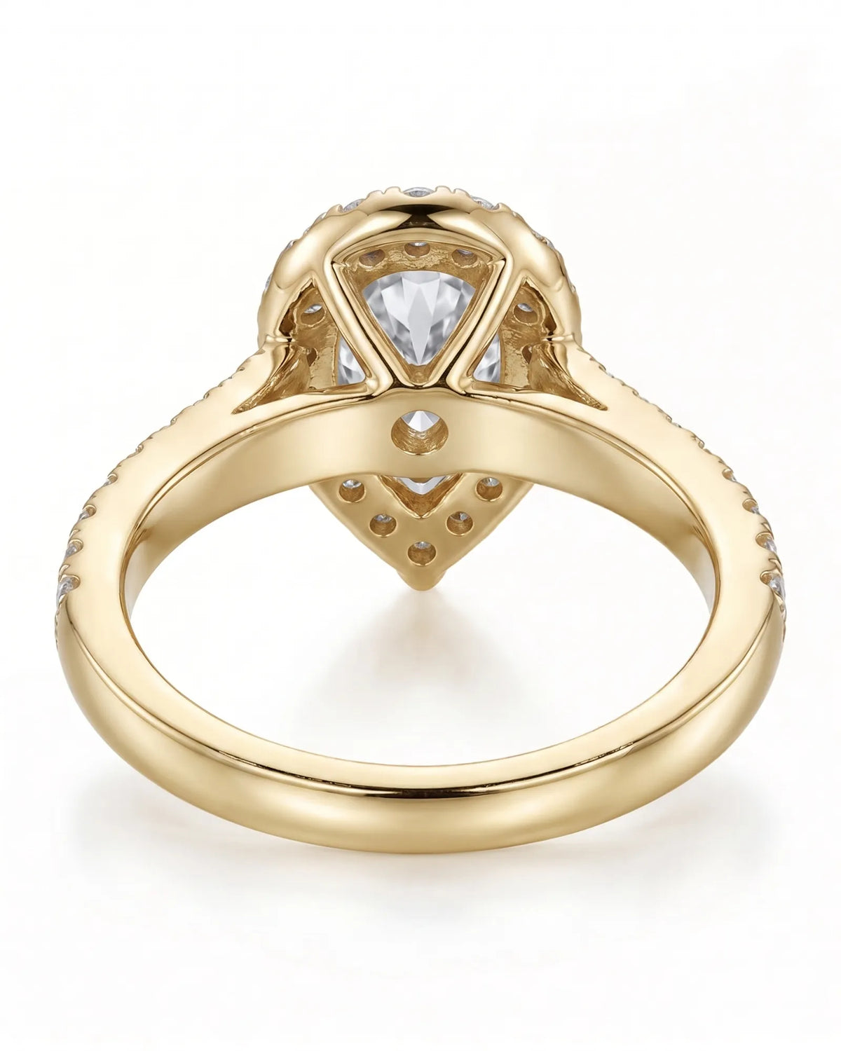 ROSE 1 carat F-colour pear natural diamond halo ring in 18K yellow gold, underside view of halo and pavé setting | SARATTI