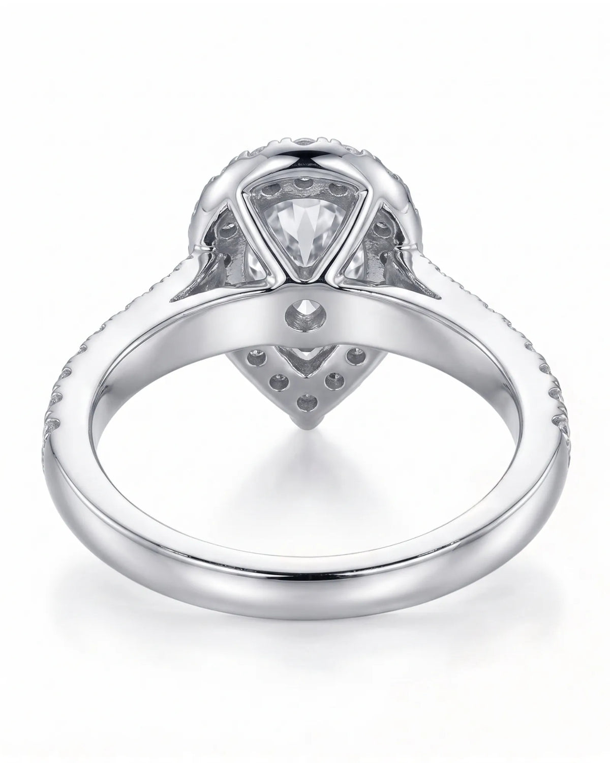 ROSE 1 carat F-colour pear natural diamond halo ring in platinum, underside view of halo and pavé setting | SARATTI