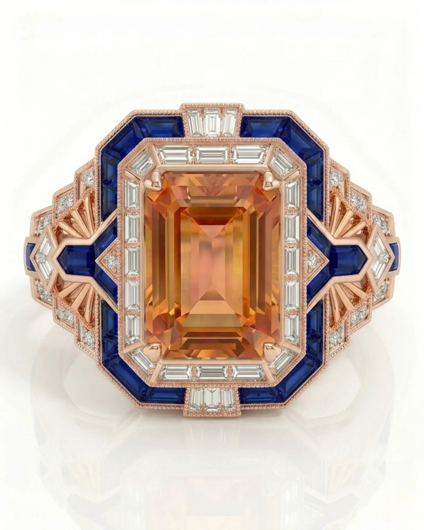 rose gold Build My Ring setting with Imperial Topaz and blue sapphires | SARATTI