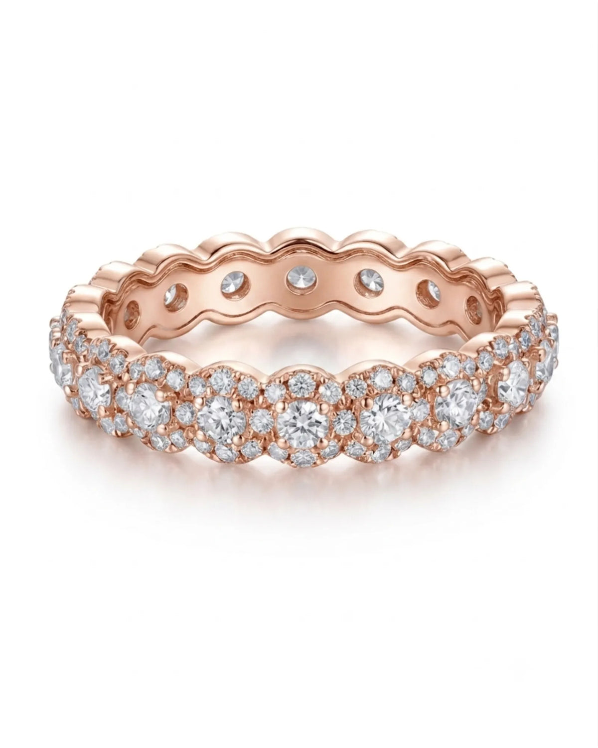 Round diamond eternity band with layered clustered diamonds in rose gold | SARATTI