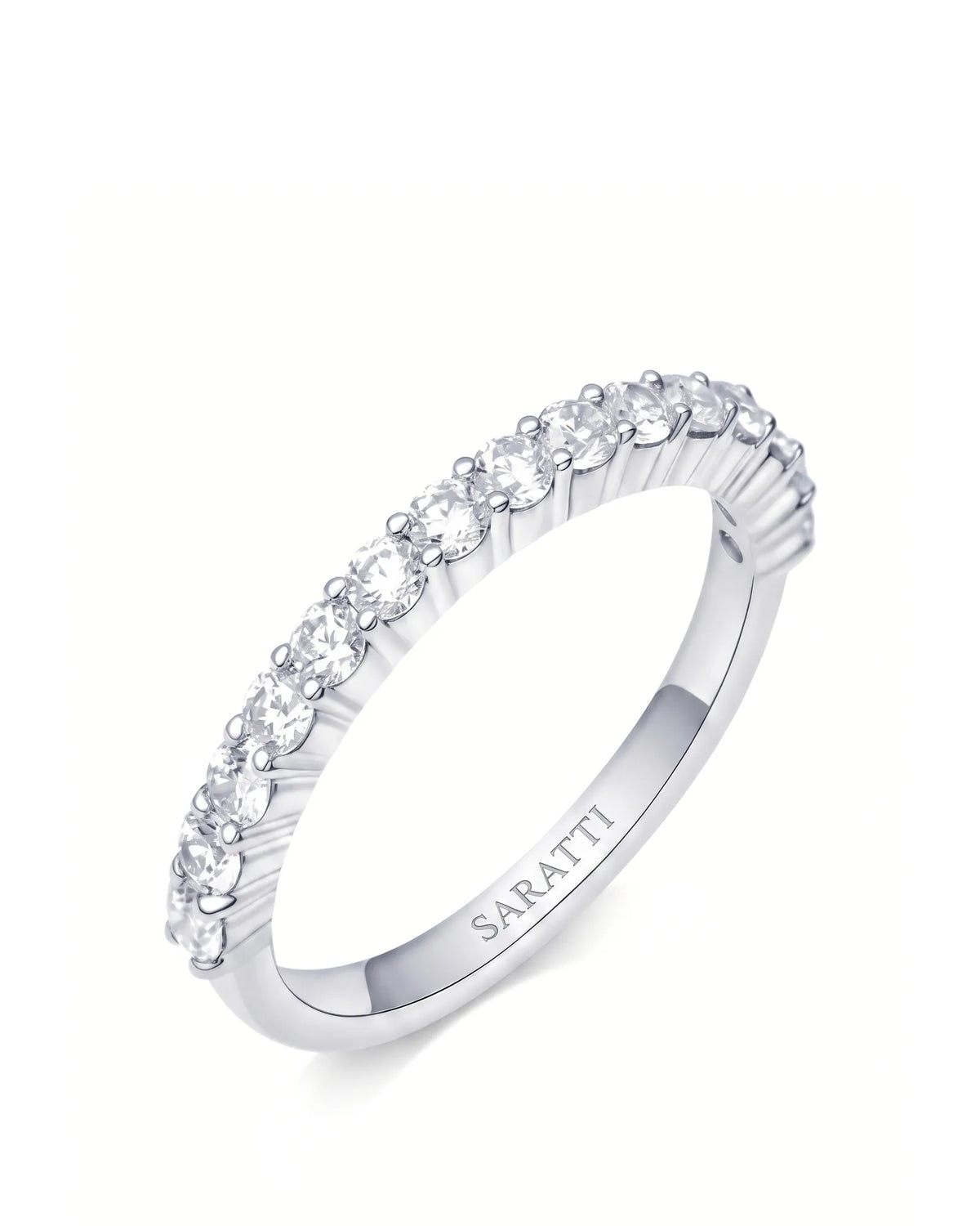 Round diamond half eternity wedding band in 18K white gold with a refined shared-prong setting | SARATTI