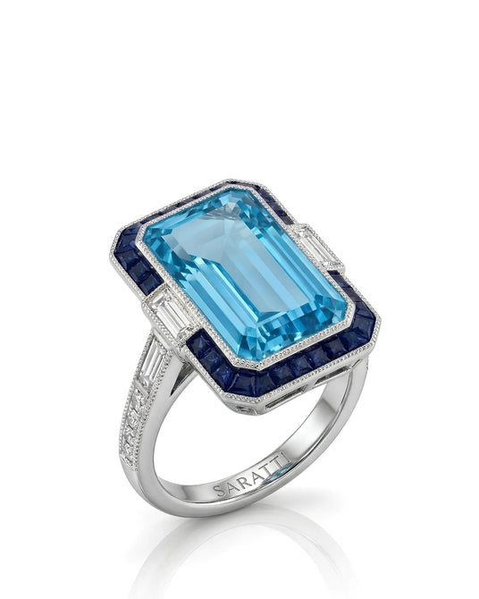 Saphira Line emerald-cut Aquamarine sapphire halo diamond ring setting in Platinum, 45-degree view | SARATTI