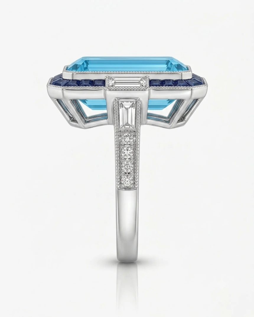 Saphira Line emerald-cut Aquamarine ring setting in Platinum, side profile with pavé shoulders and open crown gallery | SARATTI
