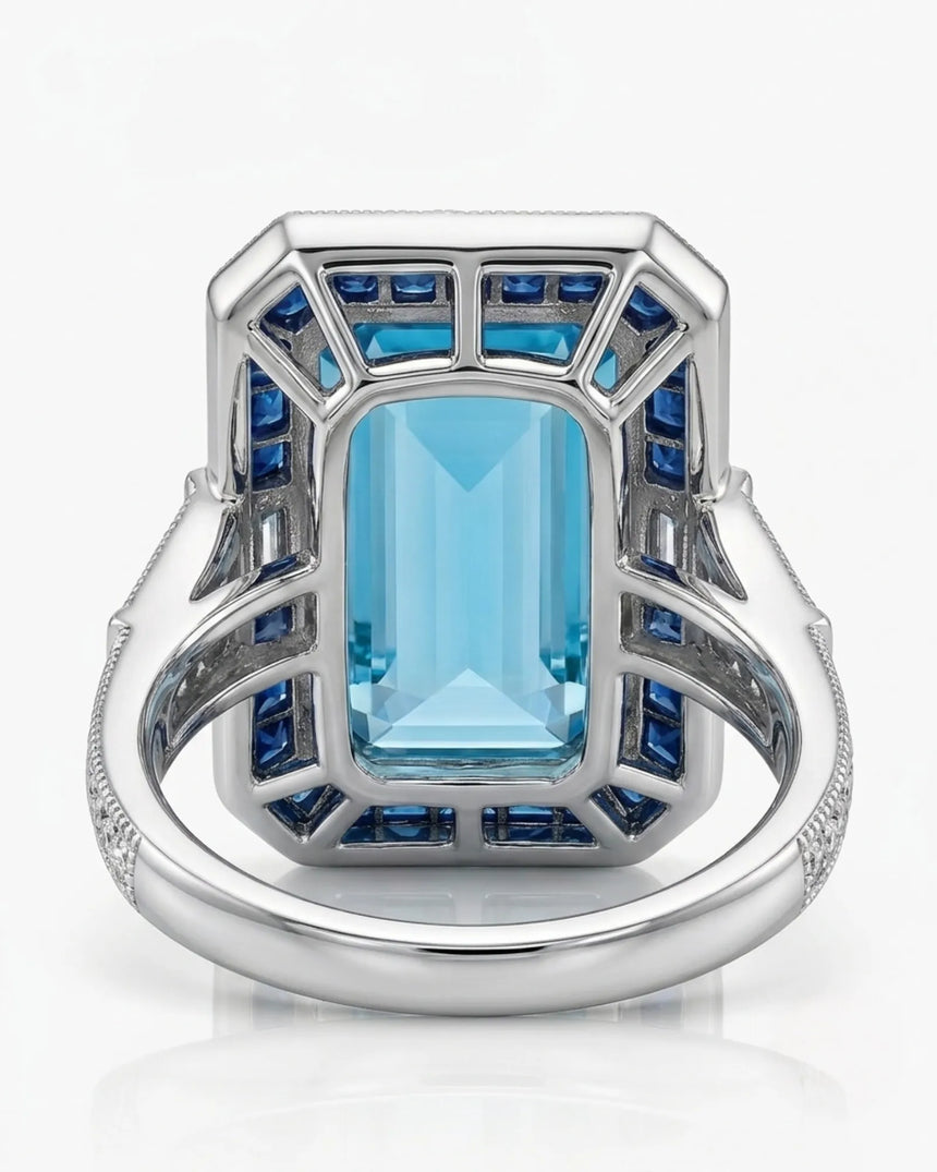 Saphira Line emerald-cut Aquamarine ring setting in Platinum, underside showing geometric sapphire gallery and split shoulder construction | SARATTI