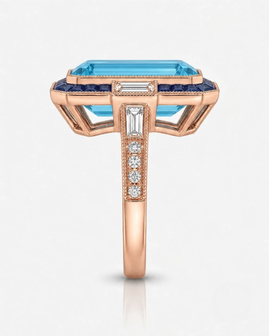 Saphira Line emerald-cut Aquamarine ring setting in rose gold, side profile with pavé shoulders and open crown gallery | SARATTI