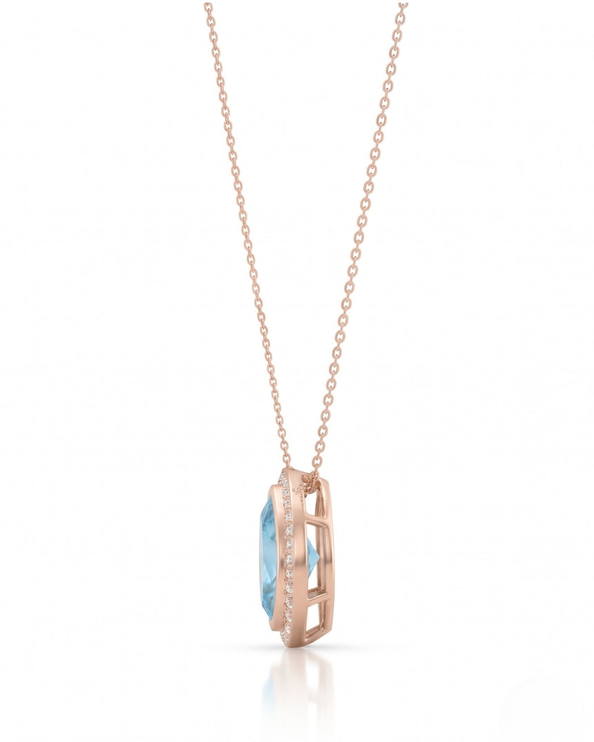 LUMÉA marquise cut Aquamarine diamond halo pendant necklace in White Gold, side profile | SARATTI