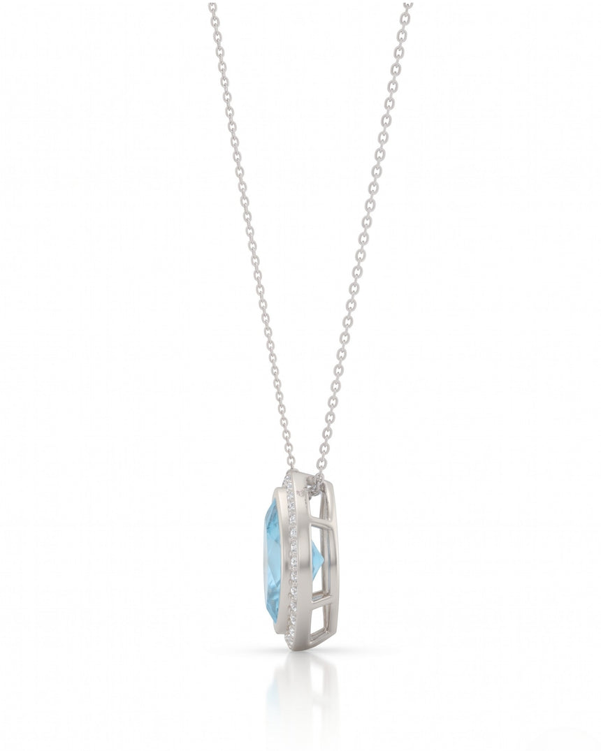 LUMÉA marquise cut Aquamarine diamond halo pendant necklace in Yellow Gold, side profile | SARATTI