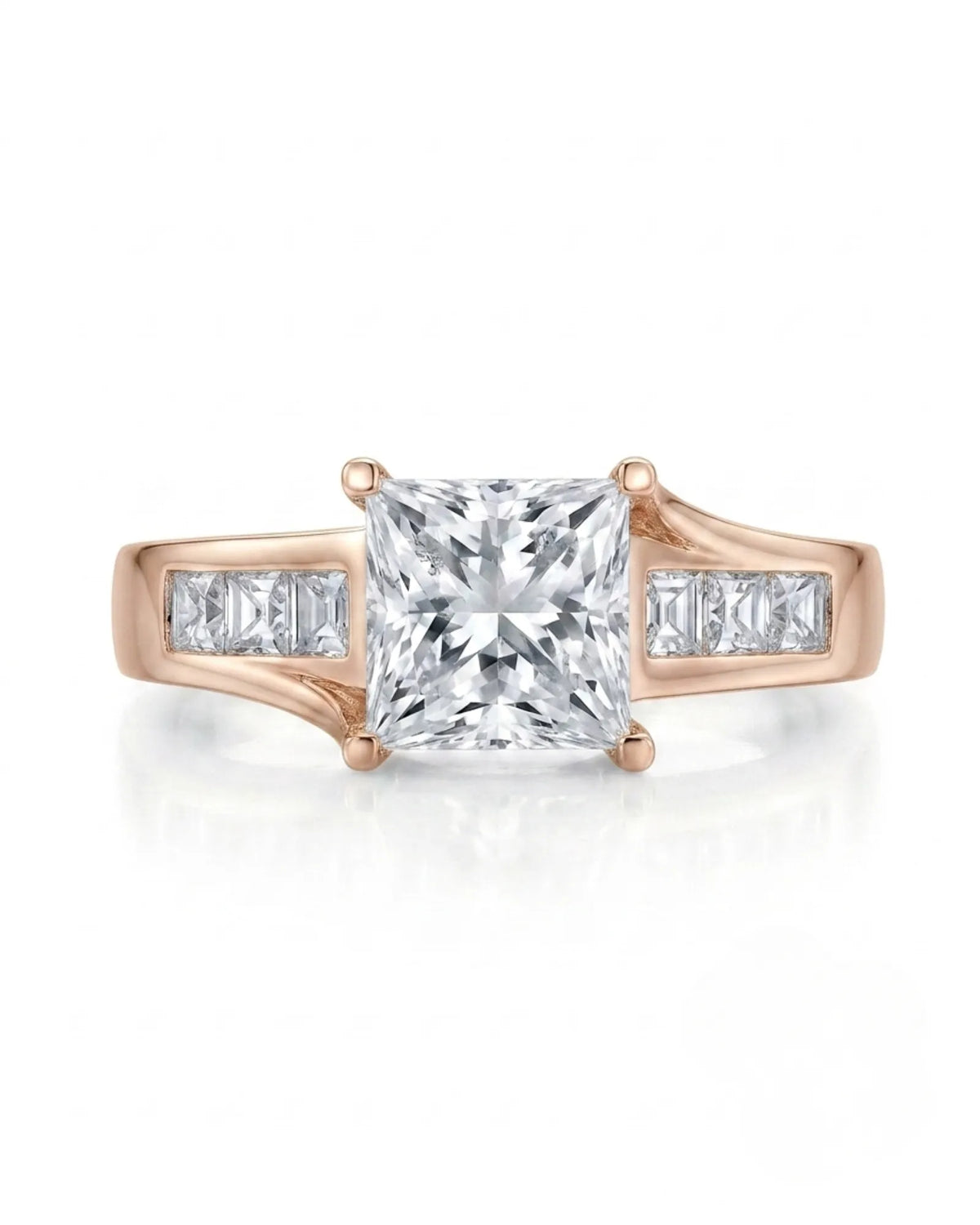 SIENA 1 carat princess-cut natural diamond engagement ring in 18K rose gold, front view of split shoulders and princess side diamonds | SARATTI