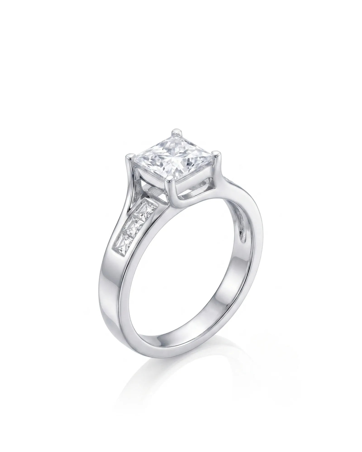 SIENA 1 carat princess-cut natural diamond engagement ring in 18K white gold, 45-degree view with channel-set princess diamond shoulders | SARATTI