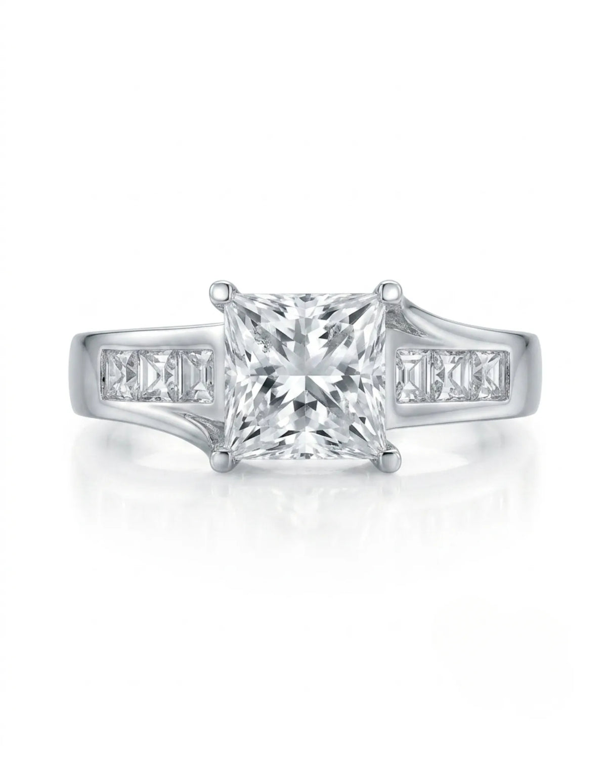 SIENA 1 carat princess-cut natural diamond engagement ring in 18K white gold, front view of split shoulders and princess side diamonds | SARATTI