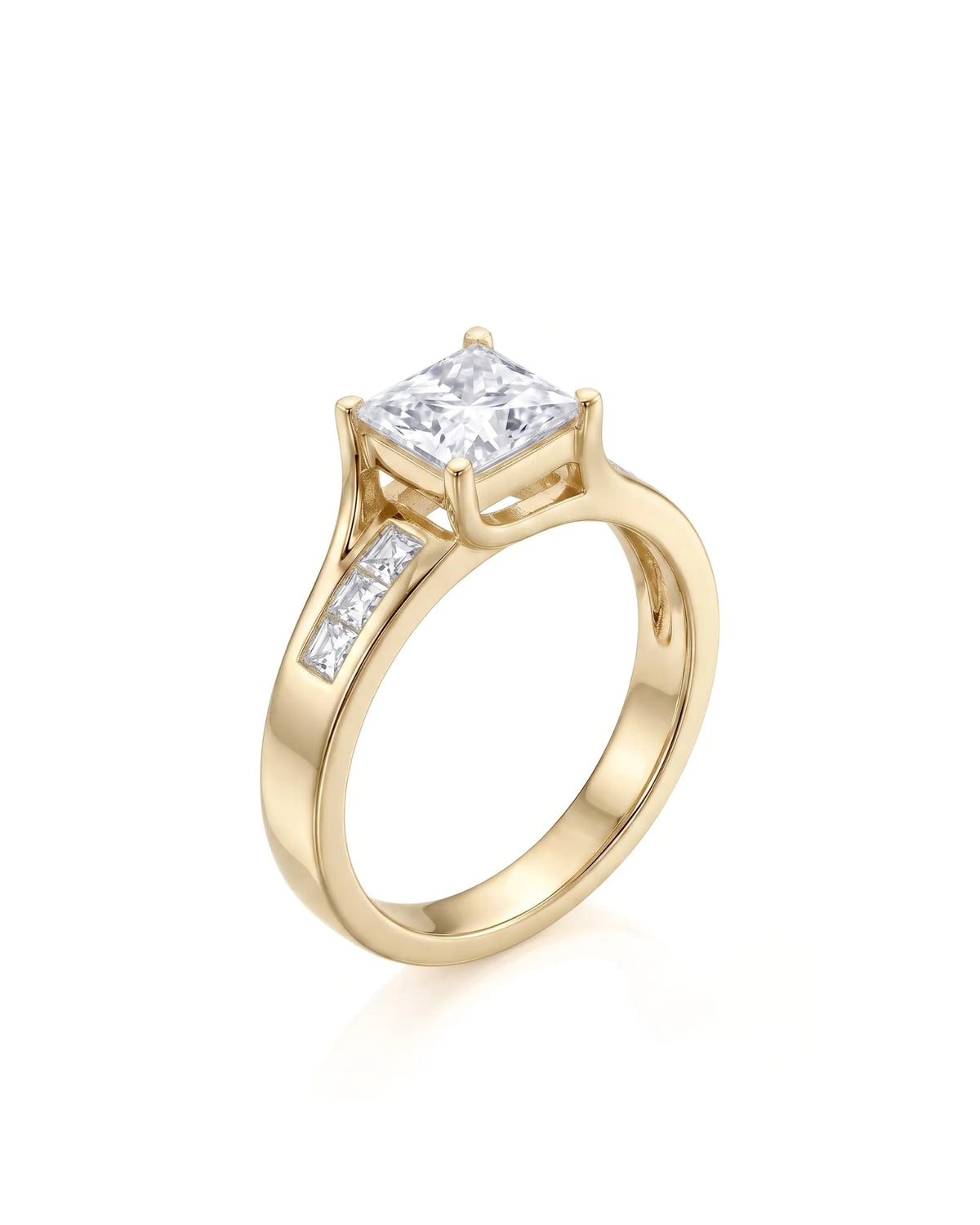 SIENA 1 carat princess-cut natural diamond engagement ring in 18K yellow gold, 45-degree view with channel-set princess diamond shoulders | SARATTI