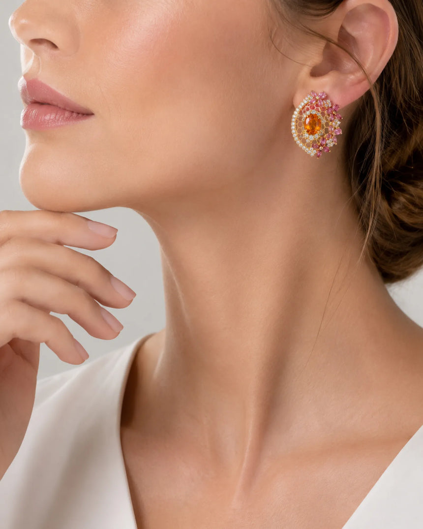 SOLARA sculpted crescent gemstone earrings in 18K Yellow Gold angled view | SARATTI