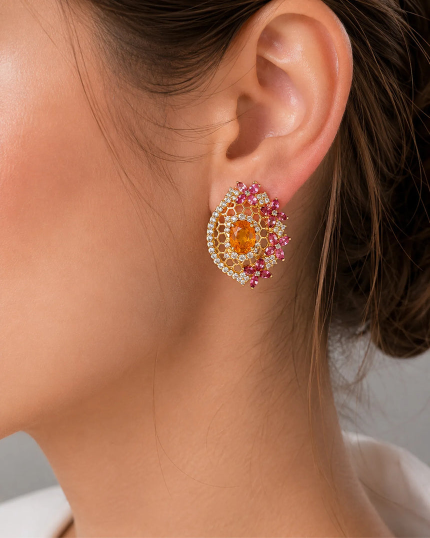 SOLARA 18K Yellow Gold gemstone earrings showing sculpted profile and colour details | SARATTI