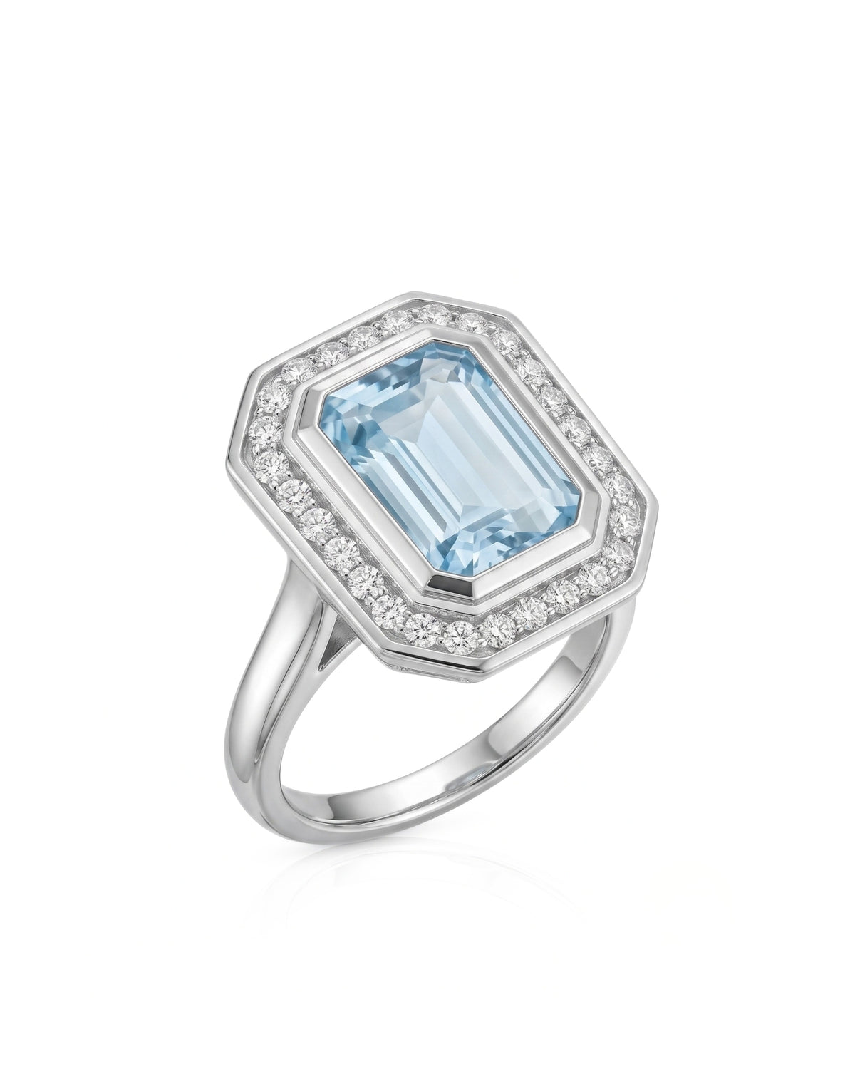 Solenne Halo – Emerald Cut Aquamarine Diamond Cathedral Ring Setting