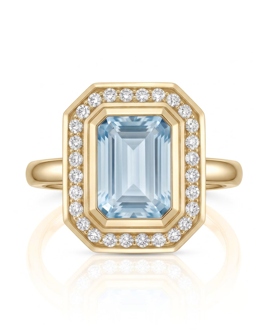 Solenne Halo emerald cut Aquamarine diamond cathedral ring setting in yellow gold, front view | SARATTI