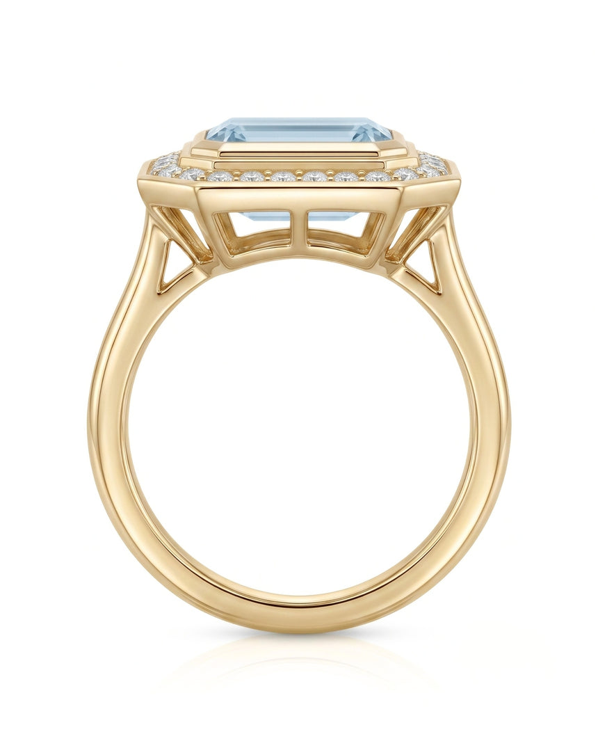 Solenne Halo emerald cut Aquamarine diamond cathedral ring setting in yellow gold, side view | SARATTI