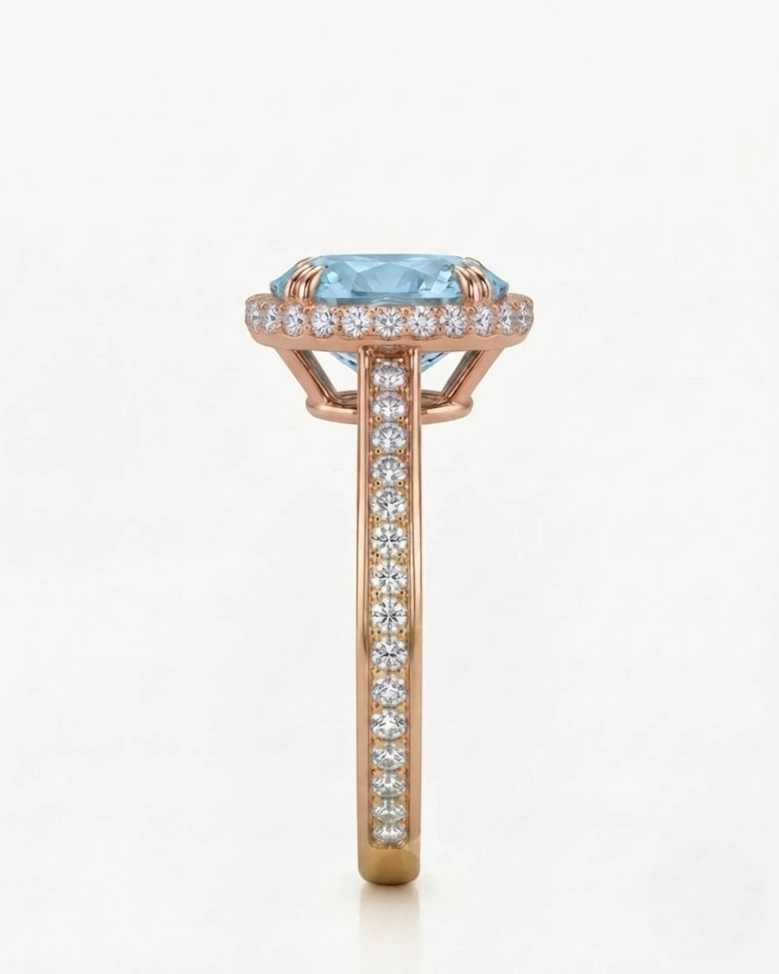 Solenne Halo Oval Aquamarine Diamond Ring Setting in Rose Gold, side profile | SARATTI