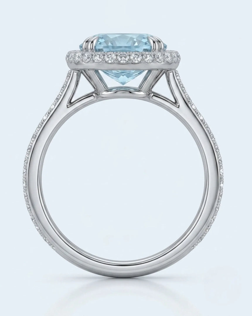 Solenne Halo Oval Aquamarine Diamond Ring Setting in White Gold, halo detail | SARATTI