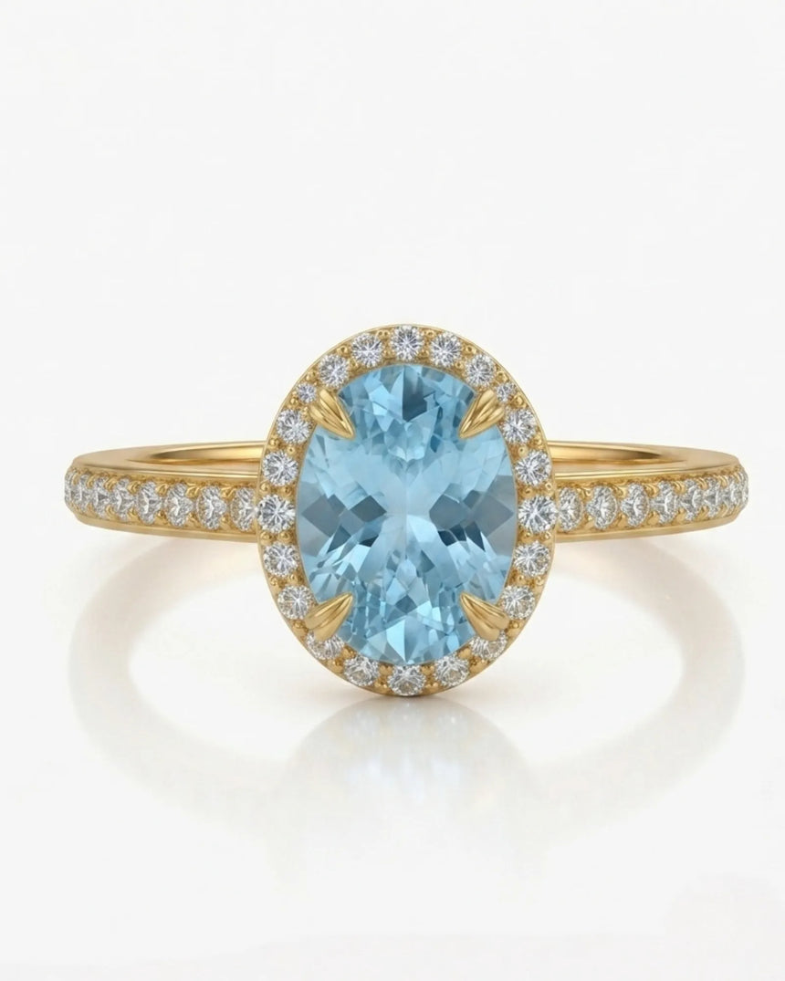 Solenne Halo Oval Aquamarine Diamond Ring Setting in Yellow Gold, front view | SARATTI