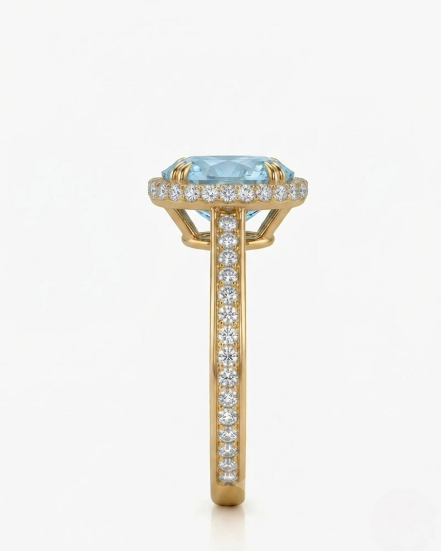 Solenne Halo Oval Aquamarine Diamond Ring Setting in Yellow Gold, side profile | SARATTI
