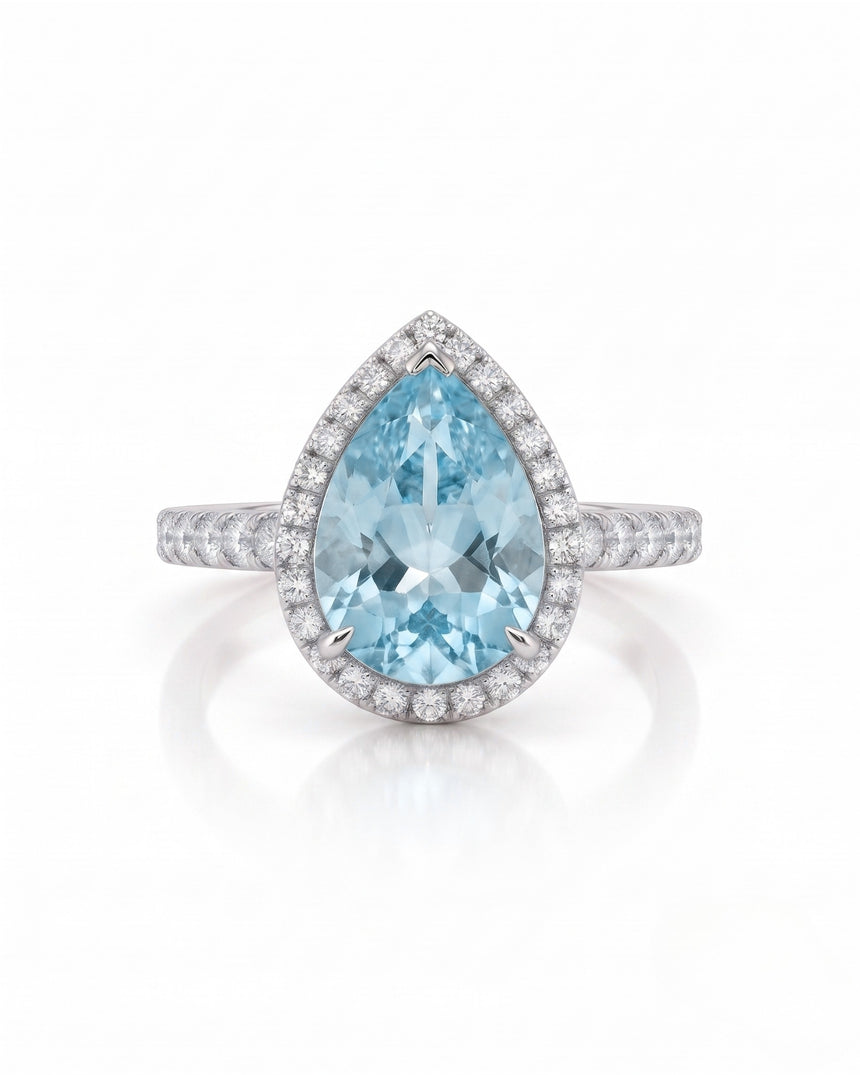 SOLENNE Halo pear cut Aquamarine diamond ring setting in White Gold, front view | SARATTI