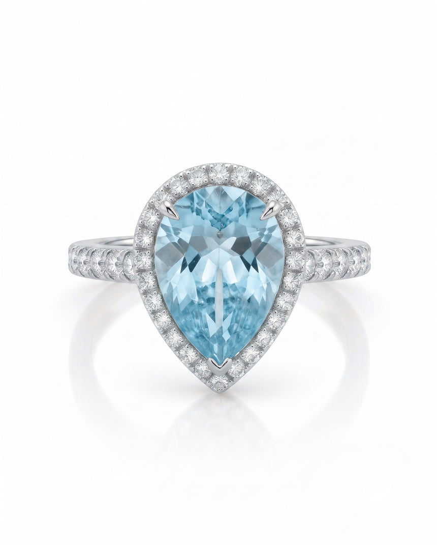 SOLENNE Halo pear cut Aquamarine diamond ring setting in White Gold, three-quarter view | SARATTI