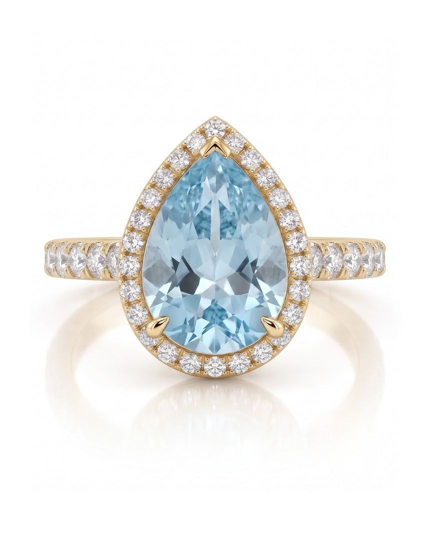 SOLENNE Halo pear cut Aquamarine diamond ring setting in Yellow Gold, front view | SARATTI