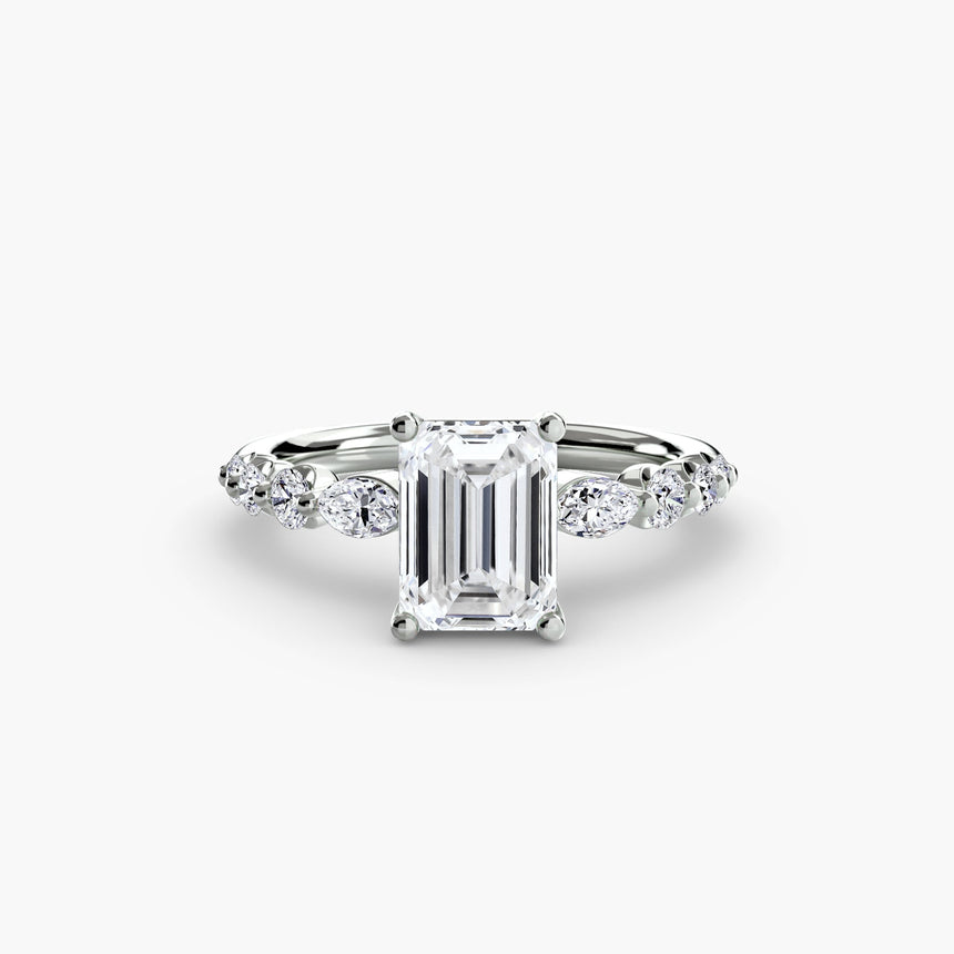 TIERED ACCENT – Emerald Cut Graduated Diamond Solitaire Ring Setting in 950 Platinum, standalone product view | SARATTI
