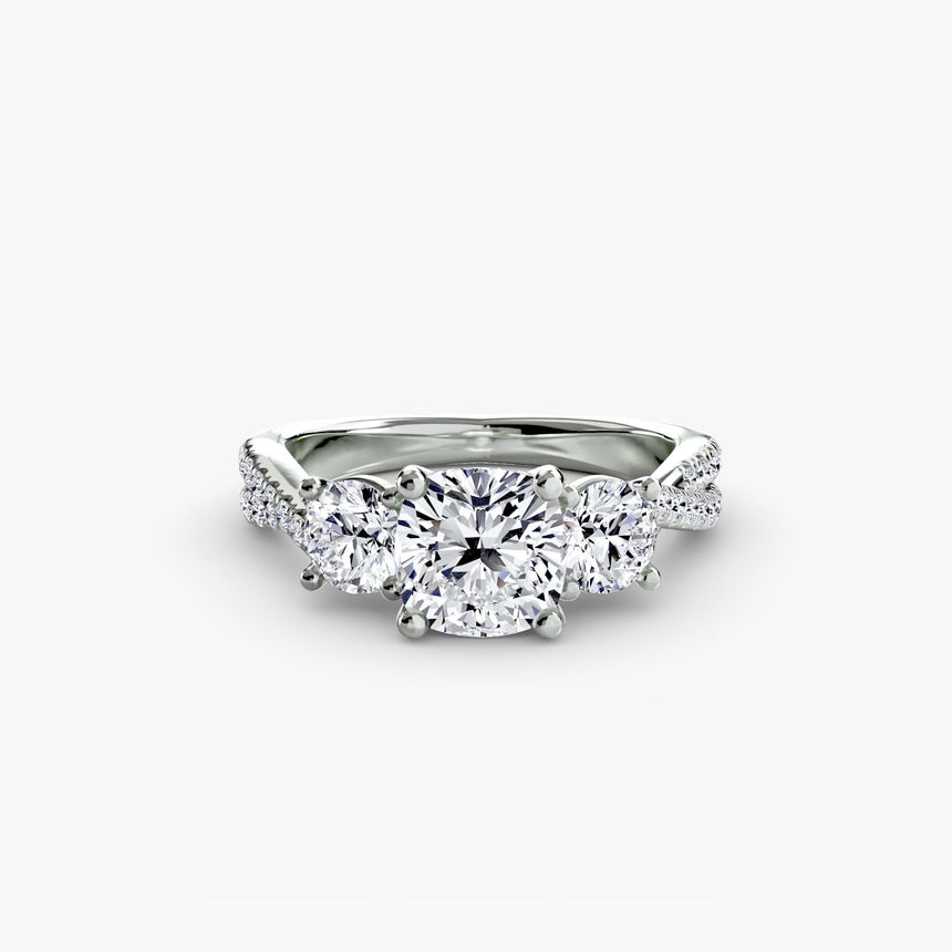 TRILOGIA – Cushion Cut Pavé Three-Stone Ring Setting – White Gold view | SARATTI