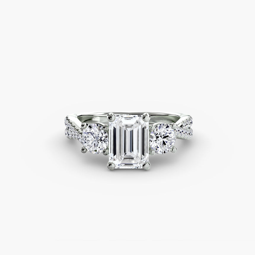 TRILOGIA Emerald Cut three-stone pavé diamond ring setting in White Gold | SARATTI