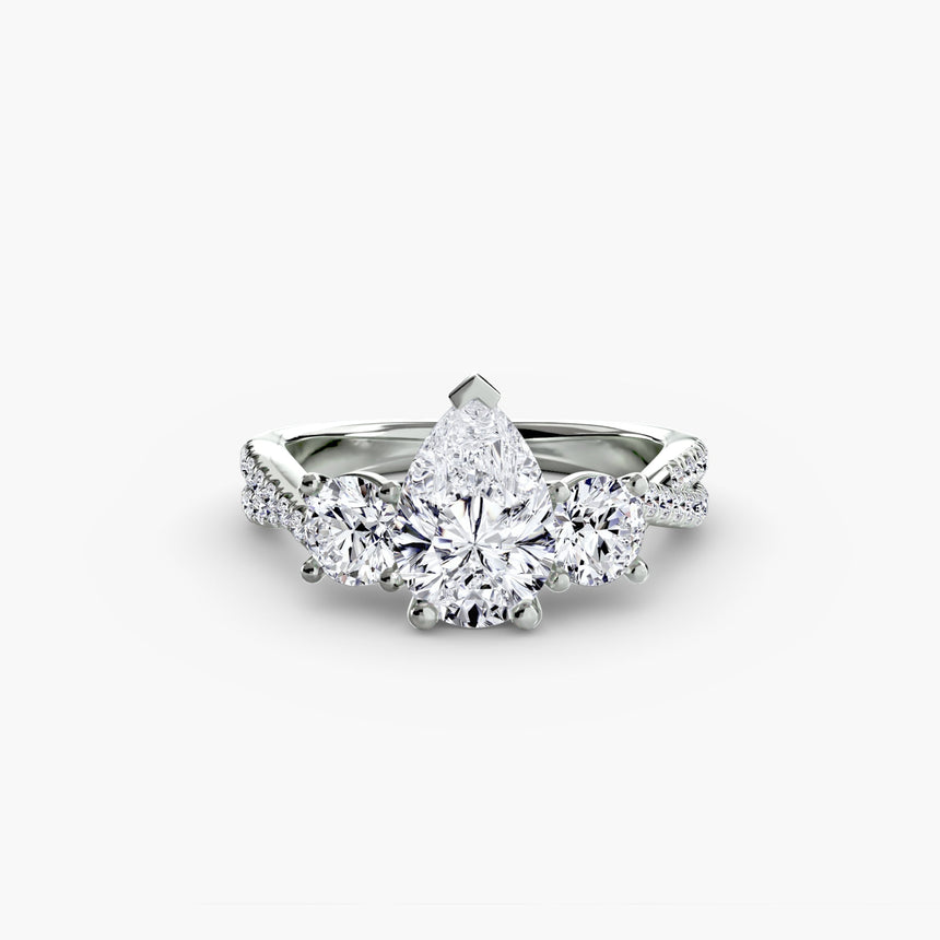 TRILOGIA – Pear Cut Pavé Three-Stone Ring Setting in White Gold | SARATTI