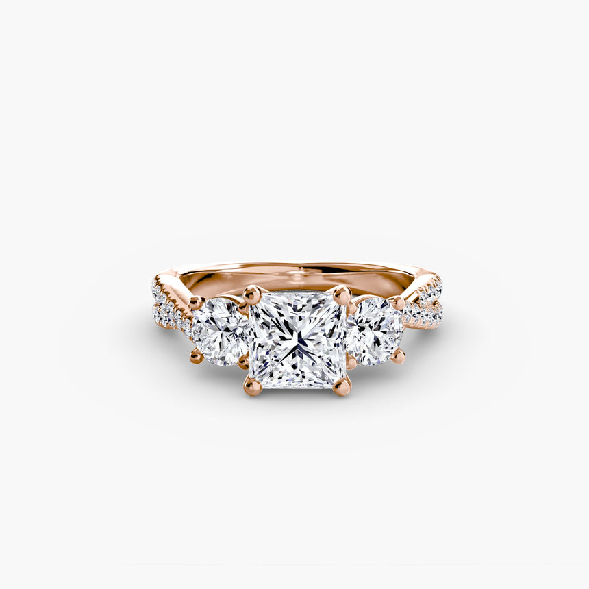 TRILOGIA – Princess Cut Pavé Three-Stone Ring Setting in Rose Gold | SARATTI