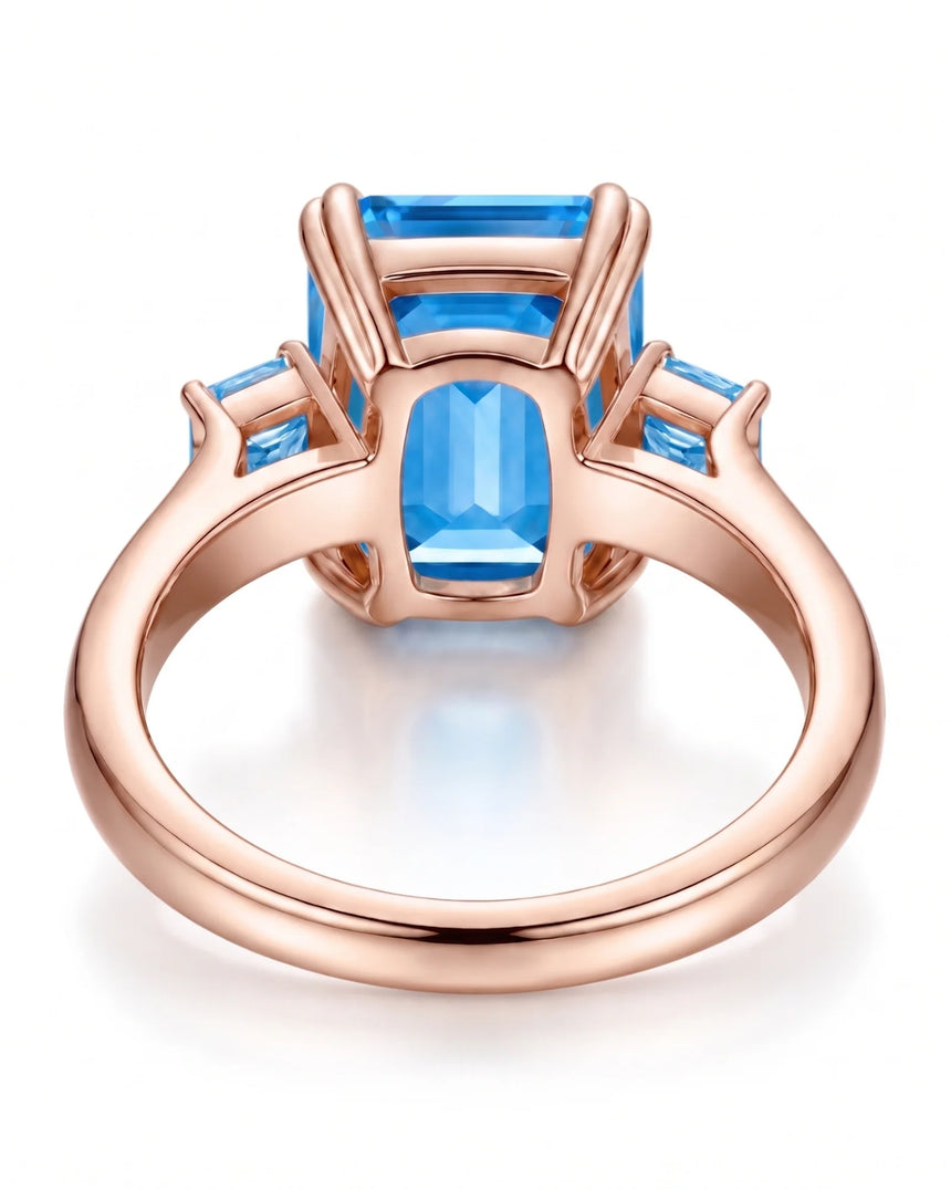 Trilune emerald-cut Aquamarine emerald-diamond step-cut three-stone ring setting in Rose Gold, profile view | SARATTI