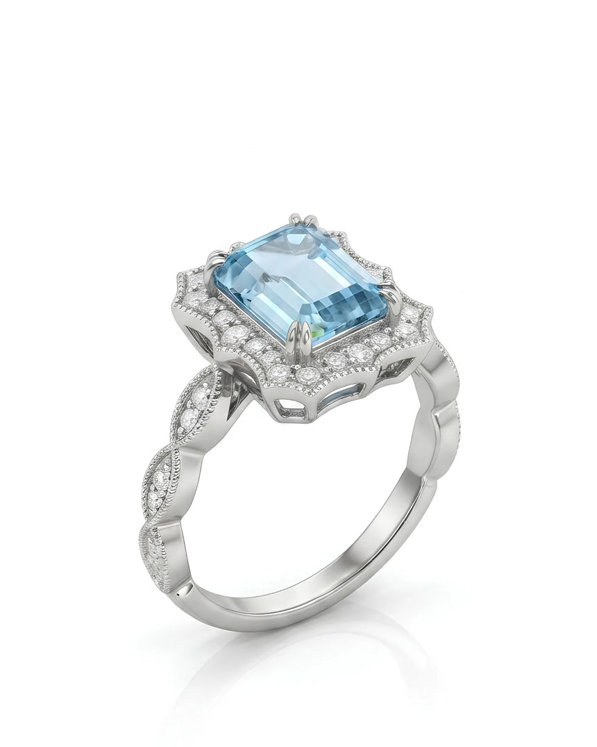 Valoria Crest emerald-cut Aquamarine vintage diamond ring setting in white gold, 45-degree view | SARATTI