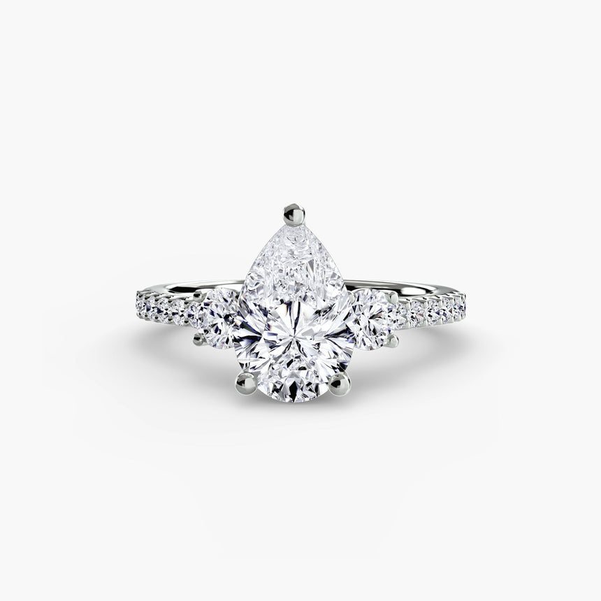 VALORIA Pear Cut three-stone pavé ring setting in 950 Platinum | SARATTI