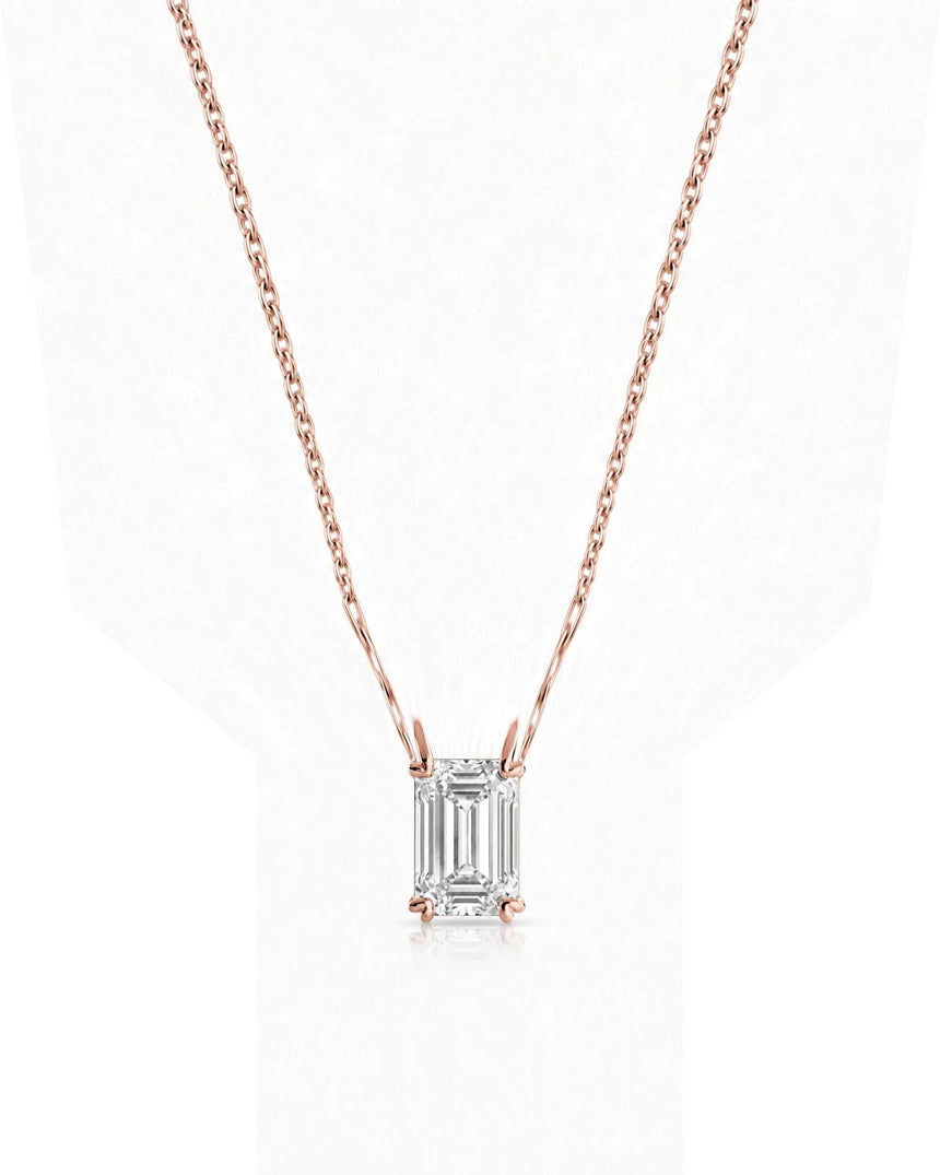 VERA Heart-Prong Emerald Cut solitaire necklace setting in rose gold, front view | SARATTI Fine Jewelry
