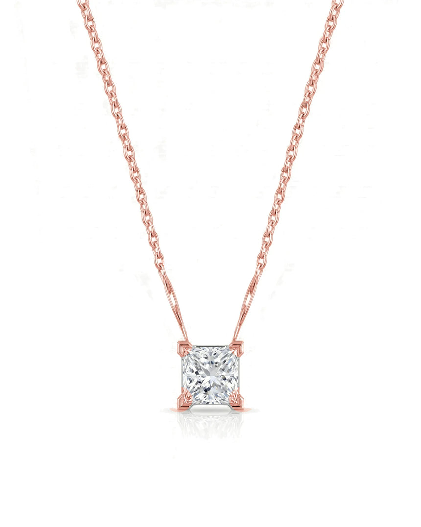 VERA Heart-Prong Princess Cut solitaire necklace setting in rose gold, front view | SARATTI Fine Jewelry
