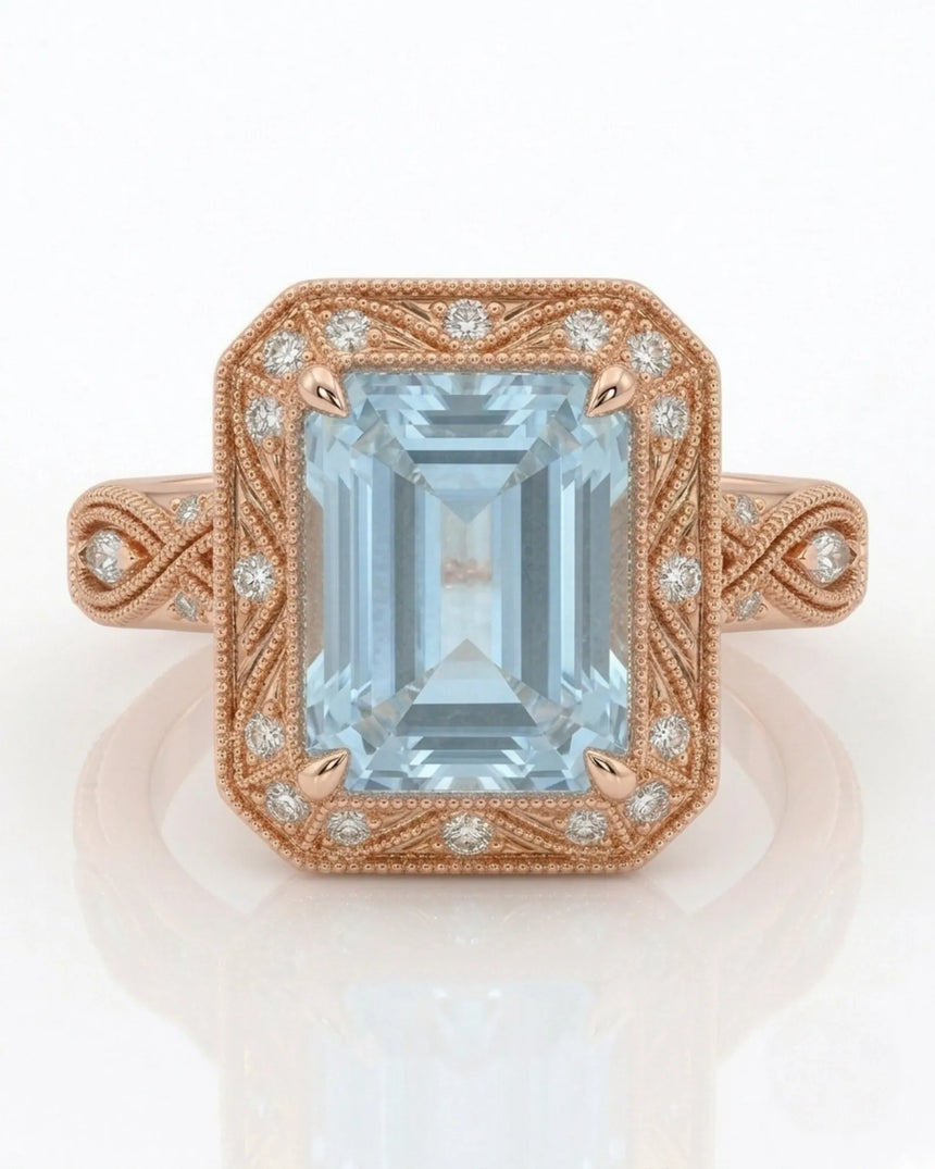 VIRELIA emerald cut Aquamarine vintage milgrain diamond ring setting in Rose Gold, front view | SARATTI